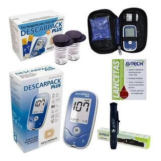 Kit Medidor de Glicose Completo Descarpack Plus com 100 Tiras + 100 Lancetas + Caneta Lancetadora
