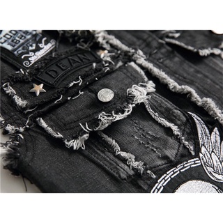 colete jeans punk masculino patch bordado costura crânio pregado colete crachá preto motocicleta jaqueta sem mangas (4)