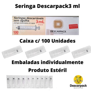 Seringa 3 ml Sem Agulha Descartável 100 und. Luer Lock (Bico com Rosca) Descarpack (4)
