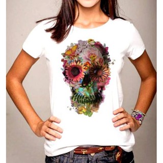 T-shirt Feminina Caveira Flores , Baby look , Blusinhas e Camisetas