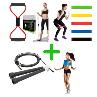 kit Malhar em Casa Exercícios Fitness Musculação e Yoga Elástico de Tensão + 5 Mini Band + Corda de Pular Profissional
