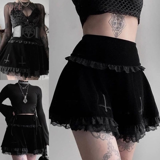 nvzhuang Women Gothic Velvet Black Cross Embroidery Lace Trim Pleated Flared Mini Skirt pleated skirt (2)