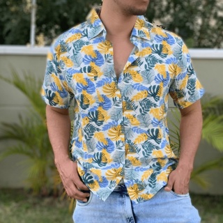 Camisa-Camiseta Masculina Manga Curta Estampada Com Botões Social Floral Havaiana Colorida