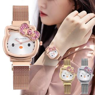 Relógio de Pulso de Aço Inoxidável com Fivela Magnética com Strass de Luxo Feminino Hello Kitty