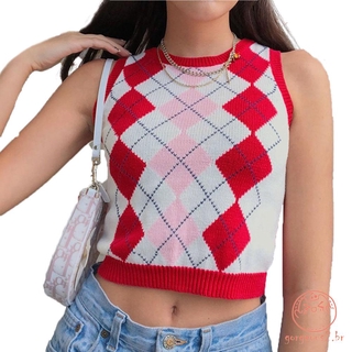 ℒℴѵℯ~Women’s Classic Sweater Vest, Cute Plaid Print Sleeveless Rib Knit Uniform Pullover Crop Top