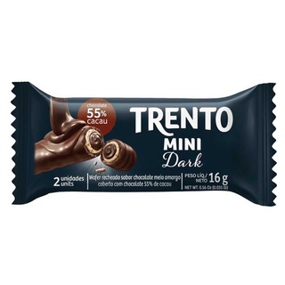 Biscoito Wafer Recheado Chocolate Meio Amargo Coberto Chocolate 55% Cacau Trento Dark Mini 16G
