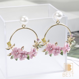 Korean Ins Female Pink Flower Ear Stud Earrings Sweet Alloy Imitation Pearl Earrings Women Round Circle Drop Earrings