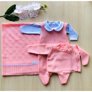 Saída de maternidade de menina rosa bebê 4 peças tricot (2)