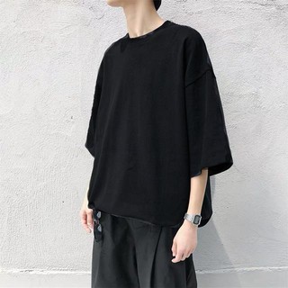 [Huhu]T-shirt de manga de cinco pontas masculina de ver?o nova roupa solta de sete pontas de manga média vers?o coreana