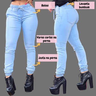 Calça Jeans Azul Claro Fem Jogger Elastico No Cós E Pernas (1)