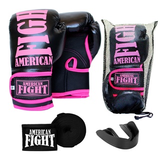 Kit Boxe Muay Thai Luva Bandagem Bucal American Fight - Rosa