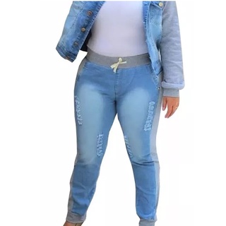 Calça Jeans Com Moletom Plus Size Moda Feminina Azul clara