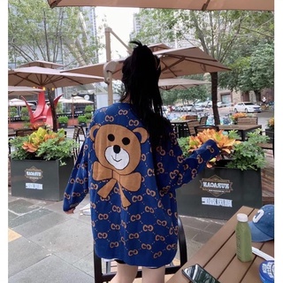 GG Jaqueta De Lã Feminina De Urso Azul Royal Com Gola V E Manga Comprida (4)