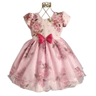 Vestido Rosa bebê Menina Rodado Com Tule E Laço Delicado para festa 6729