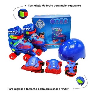 Patins Roller Ajustável Com Kit de Proteção Capacete Infantil Azul 34-37 Quatro Rodas