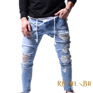 Mu - Calça Jeans Masculina Cintura Alta Rasgadas Para Masculino, Azul Claro / Cinza