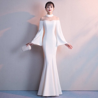 Vestido Longo Feminino De Manga Comprida De Peixe Elegante/Branco/Formal/Banquete 2020