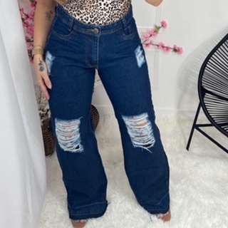 calça wide leg jeans pantalona feminina rasgada cintura alta