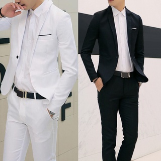 Yar_2Pcs Office Business Men Solid Color Lapel Long Sleeve Slim Blazer Pants Suit (2)