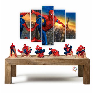 Homem Aranha kit com 1 quadros mosaico + 6 totens de mesa em mdf decoração para festa