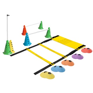 Kit Funcional Agilidade 3 - 1 Escada Agilidade Nylon + 6 cones com furo coloridos + 10 chapeu chines + 3 barreiras com sinalizadores