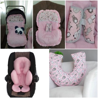 kit 5 pecas animais rosa Capa de carrinho+ capa de bebê conforto + protetor de cinto + apoio redutor + almofada amamentar + brinde