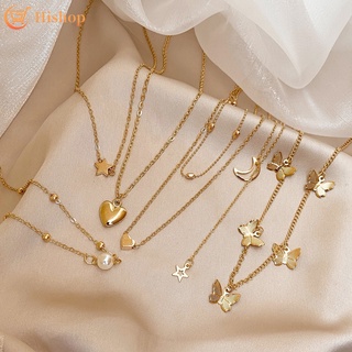 6 Pcs/set Simple Gold Necklace Set Butterfly Heart Pearl Choker Chain Women Fashion Jewelry Accessories