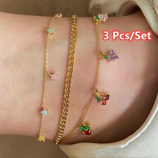 3 Pcs/Set Women Fashion Crystal Star Apple Cherry Grape Peach Fruit Anklets Set Sweet Anklets for Women Jewelry Gifts