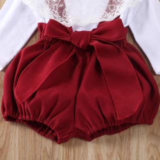 Bebê Roupas 1 a 2 anos De Menina Vermelho Com Arco Crianças Traje Terno Com Rendas Tripulação Pescoço E Suspensórios Pant Outfit 2 Ps (6)
