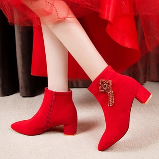 Bota Feminina Vermelha / Bordada / Estilo Chinês / Sapatos De Casamento Com Borlas / Estilo Étnico / Salto Alto (4)