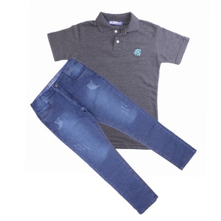 Kit Conjunto Camiseta e Calça Jeans Roupa Juvenil Menino