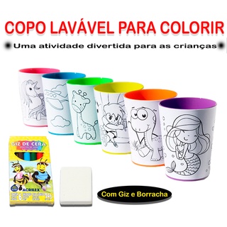 Copo Lavável Para Colorir e Apagar Com Giz Cera + Borracha Color Cup