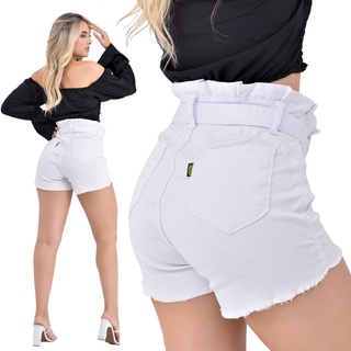 Short Jeans Feminino Branco Lycra Cintura Alta com Cinto (2)