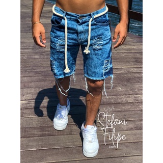 Bermuda Jeans Rasgada Masculina Curta Com Cinto De Corda Sisal Slim linha premium short masculino jeans