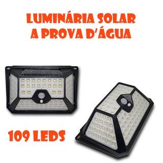 Luminária Energia Solar 102 leds e 109 Parede Led Sensor Presença 3 Funções Prova D'agua PRONTA ENTREGA