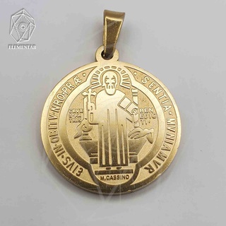 Pingente Dourado Medalha de São Bento Grande Aço Inoxidável