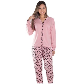 Pijama Longo feminino Malha Suede inverno de botão estampado Linha Noite