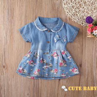 Fashion Baby Girl Short Sleeve Flower Printed Button Down Demin Dress (2)