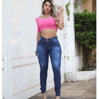 Calça jeans feminina cós alto skinny com Lycra empina bumbum