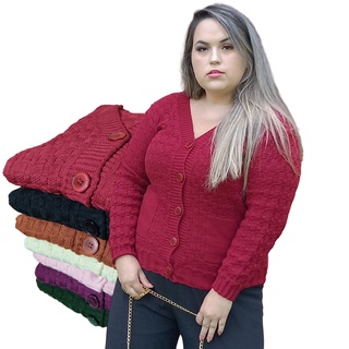 Casaco Lã Suéter Feminino Inverno Plus Size Gola V Botões