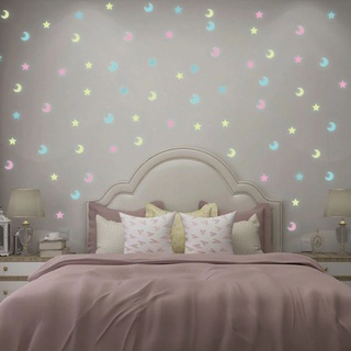 Adesivo Estrela e Lua Coloridos Amarelo, Rosa e Azul Luminoso de teto e parede fluorescente que brilha no escuro decoração para quarto