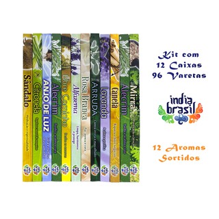 Kit Incenso India Brasil 12 Aromas Sortidos 12 caixas 96 Varetas Traga paz e Harmonia para o seu ambiente
