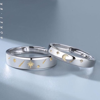 [AORE] Design de estrela e lua de meteoro em prata esterlina 925 com anéis ajustáveis para casal anel (1)