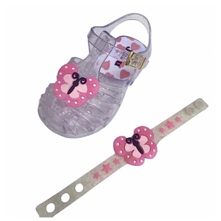 sandália com pulseira borboleta infantil princesa brinde kit alta qualidade pvc Juju shoes cristal rosa