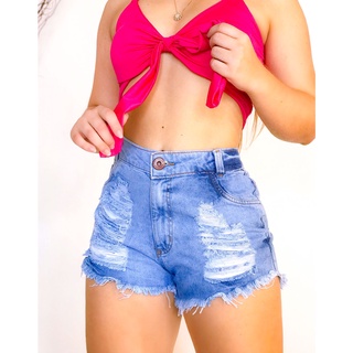 Shorts Jeans Feminino Cintura Alta Hot Pants Destroyed Perna Desfiado Cos Alto (5)