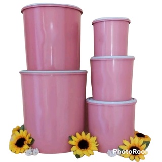 kit 5 peças mantimento REDONDO plástico com tampas fosca cor Rosa Promoção Conjunto de potes