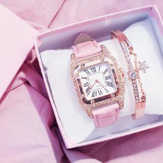 Conjunto de Relógio de Pulso Feminino de Quartzo / Mostrador Quadrado / Luxuoso com Diamante/Cristal e Pulseira de Couro
