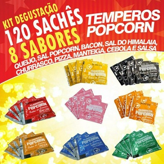 Temperos Popcorn 120 sachês. 15 Cebola e Salsa, 15 Manteiga, 15 Pizza, 15 Churrasco, 15 Queijo, 15 Sal Popcorn, 15 Sal d