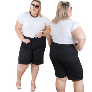 Promoção Bermuda Feminina Plus Size Malha Canelada Longo Cintura Alta Confortável