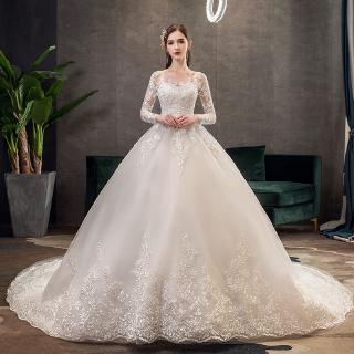 2020 Full Sleeve Muslim Lace Wedding Dresses With Big Train New Luxury Ball Gown Wedding Dress Vestido De Noiva X